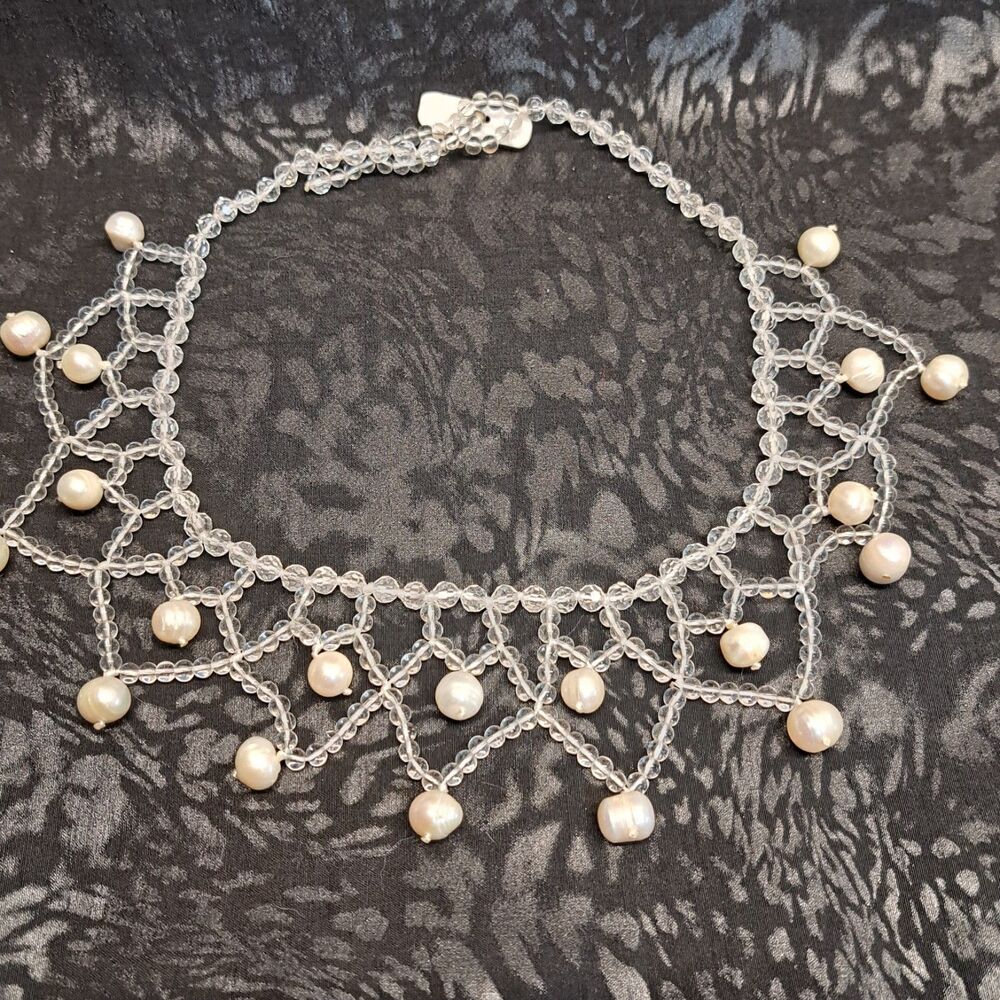 Vintage Baroque White Pearl Crystal Bib Statement Necklace 20-21 In